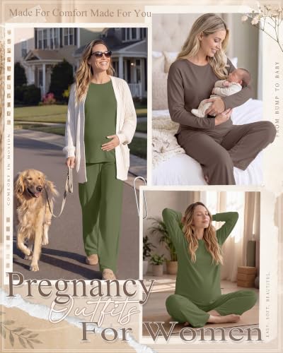 Huukeay 2 Pack Maternity Long Sleeve Pajamas Sets - color: Army Green, Coffee, size: Large