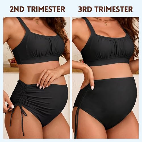 American Trends Maternity Swimsuit Two Piece - Adjustable Drawstring Side Ruched Pregnancy Bikini High Waisted Bathing Suit - color: Black, size: Small