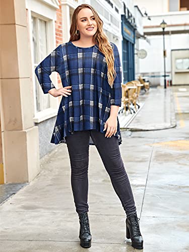 LARACE Womens Plus Size 3/4 Sleeve High Low Swing Tunic Tops - color: 1-navyblue_plaid, size: 4X