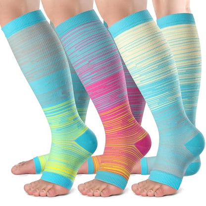bropite Open Toe Compression Socks for Women，3 Pairs Toless Knee-High Socks - color: A-lightstripe Open, size: Small-Medium