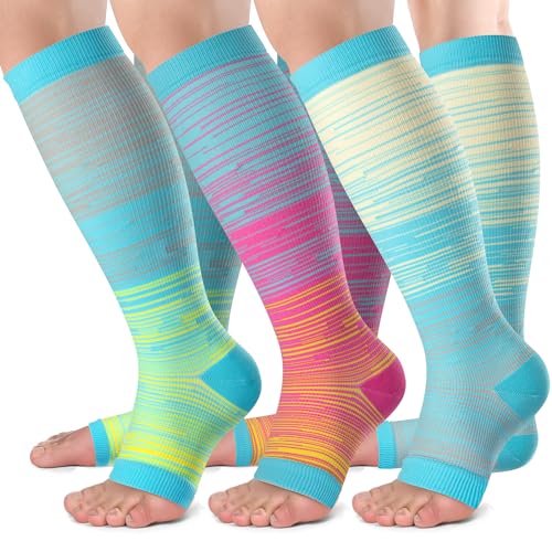 bropite Open Toe Compression Socks for Women，3 Pairs Toless Knee-High Socks - color: A-lightstripe Open, size: XX-Large