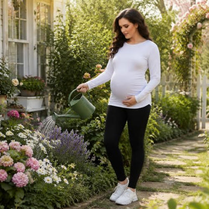 Maternity Shirt Long Sleeve Basic Top Ruch Sides Bodycon Tshirt for Pregnant Women - color: White, size: Medium