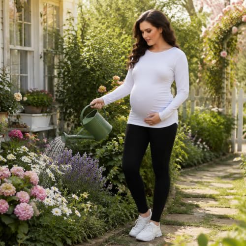 Maternity Shirt Long Sleeve Basic Top Ruch Sides Bodycon Tshirt for Pregnant Women - color: White, size: XX-Large