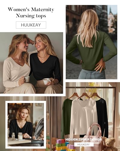 Huukeay 3 Pack Maternity Nursing Tops Breastfeeding Shirts - color: Black, Army Green, Light Khaki, size: Medium