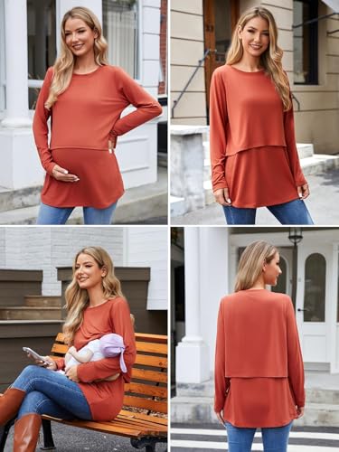 Ecavus Women's 3Pack Maternity Nursing Shirts Long Sleeve Double Layer Breastfeeding Shirts Comfy Pregnancy Clothes - color: Pink+caramel+black, size: Medium