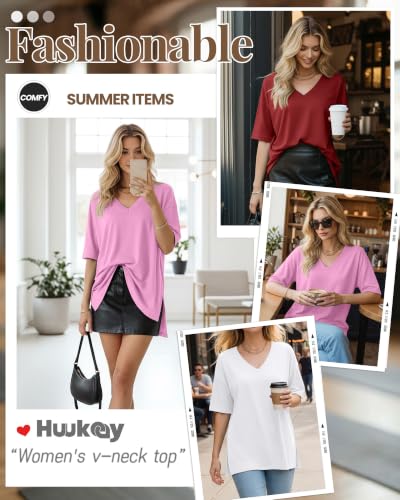 Huukeay 3 Pack Oversized Shirts for Women V Neck - color: Magnolia Pink, White, Wine Red, size: Large