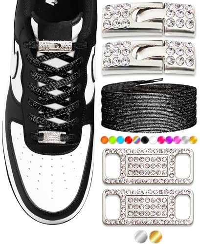 Elastic No Tie Shoe Laces with Bling Diamond Locks & Charms for Women's Sneakers - color: 02 Glitter Black- Silver
