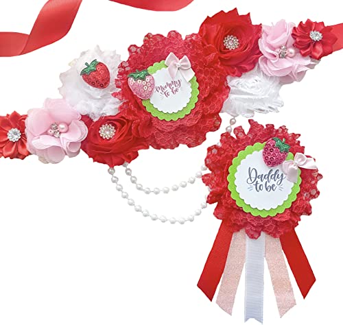 Strawberry Mommy to Be Sash & Daddy to Be Pin – Sweet Fruit Theme Baby Shower Decorations, Maternity Corsage Set, Gender Reveal Party Keepsake