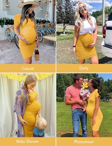 Peauty Side Ruched Maternity Bodycon Dress Short Sleeve Style Baby Shower - color: K. Ginger, size: Large