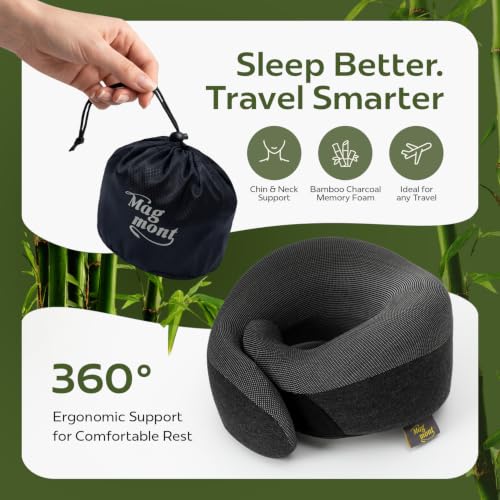 Travel Neck Pillow for Airplanes, Bamboo Charcoal Memory Foam - color: Deep Gray