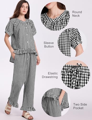 COZYPOIN 100% Cotton Pajamas for Women Set Cute Gingham Lounge Set - color: Black, size: Small