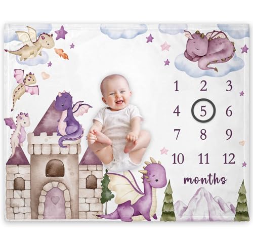 Dragon Girl Milestone Blanket, Dragon Fairy Tale Baby Monthly Blanket - color: Purple Dragon