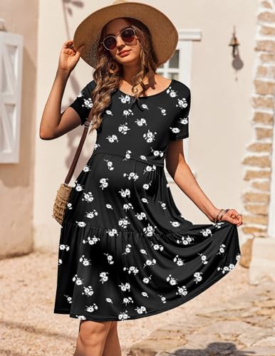 Maternity Dress Summer Short Sleeve Casual Nursing Dresses Breastfeeding - color: Black White Floral, size: Large