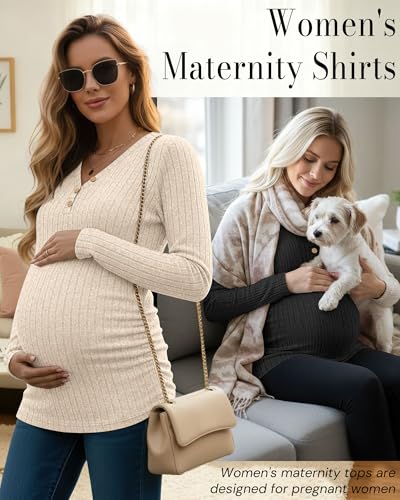 Oakgarden 3 Pack Women's Ribbed Henley Maternity Sweaters - color: Black, Apricot, Coffee, size: Large