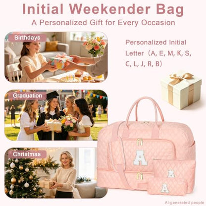 Graduation Gift for Her, Initial Dance Bag for Girls with Shoe Compartment - color: Pink Diamond Quilted, style: E