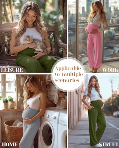 3 Pack Women's Maternity Lounge Pants with Pockets - color: Light Gray, Olive Green, Rose Pink, size: X-Large
