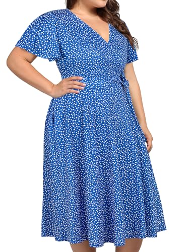 kissmay Plus Size Womens V Neck Floral Cocktail Party Midi Dresses - color: A-blue/White, size: 22 Plus