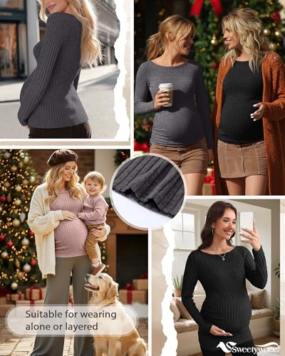 3 Pack Maternity Sweaters Long Sleeve Pregnancy Tops - color: Dark Gray, Pink, Black, size: Small