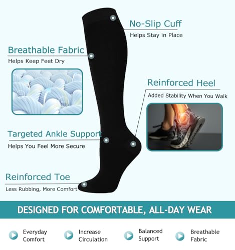 8 Pairs Compression Socks Women Men 15-20mmHg Knee High Support Circulation - color: 01- Black, size: Small-Medium
