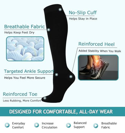 8 Pairs Compression Socks Women Men 15-20mmHg Knee High Support Circulation - color: 01- Black, size: Small-Medium