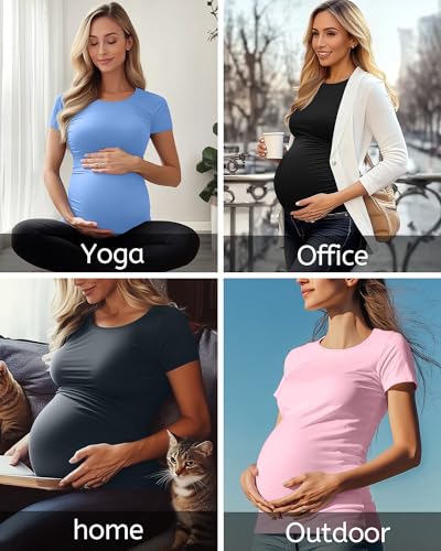 Huukeay 4 Pack Women's Short Sleeve Maternity Tops - color: Black, Pink, Light Blue, Dark Gray, size: Small