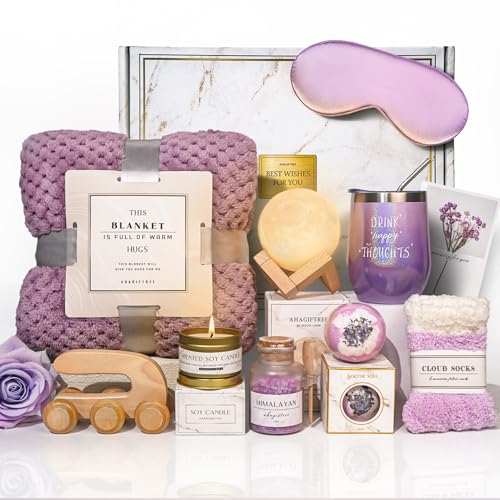 AHAGIFTREE Gift Baskets for Women,11PC Birthday Gifts,Think of You,Thankyou,self Care,Care Package,Relaxation,new Beginnings Gifts for Women,Friend,mom,Sister - color: Purple Pink