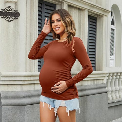 Bhome Women's Maternity Shirts 3 Packs Long Sleeve Pregnancy Tops Basic Side Ruched Tunic Blouse - color: Black/Burgundy/Charcoal Gray, size: Large