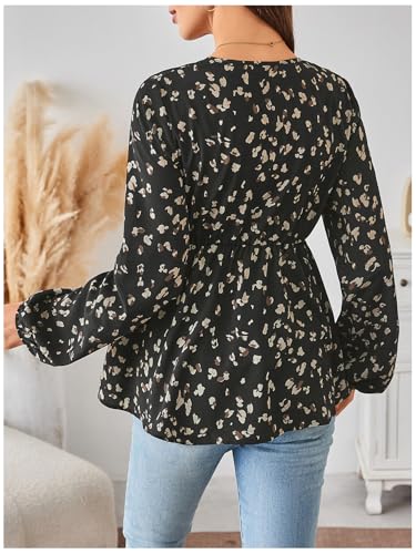 MakeMeChic Women's Maternity Blouse V Neck Long Sleeve Ruffle Peplum Top - color: Black Cheetah, size: X-Large
