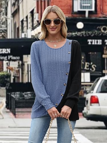 MixShe Womens Knit Sweaters 2026 Fall Winter Casual Long Sleeve Ribbed Colorblock Button Pullover Tops - color: Dusty Blue, size: Medium