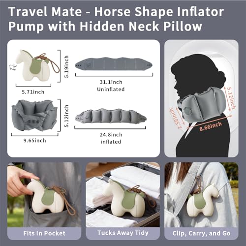 Inflatable Travel Neck Pillow Built-in Pump & Cute Storage Bag - color: Khaki