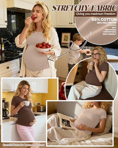 Huukeay 4 Pack Women's Short Sleeve Maternity Tops - color: Black, Khaki, Coffee, White, size: Medium