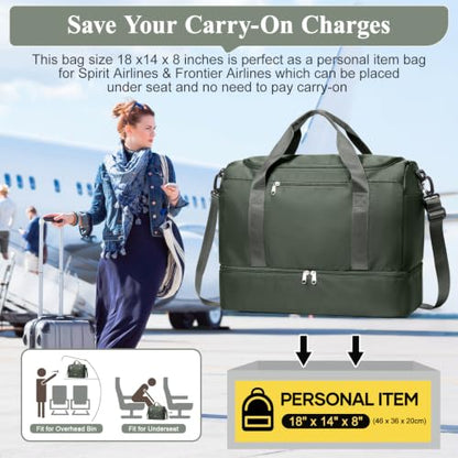 Travel Duffel Bag,Carry-On Overnight Weekender Bags with Shoes Compartment - color: Dark Green, size: Small