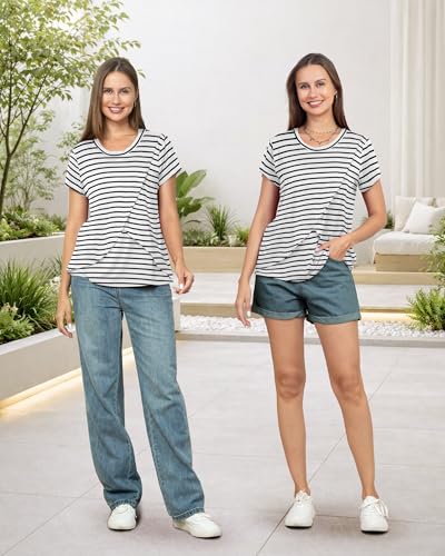 Rnxrbb 3 Pack Nursing Tops for Women Maternity Breastfeeding Shirts - color: Black&light Gray&navy Stripe, size: Medium