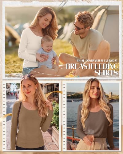 Huukeay 3 Pack Womens Nursing Tops Breastfeeding Shirts Zipper - color: Cream, Camel, Brown, size: Small