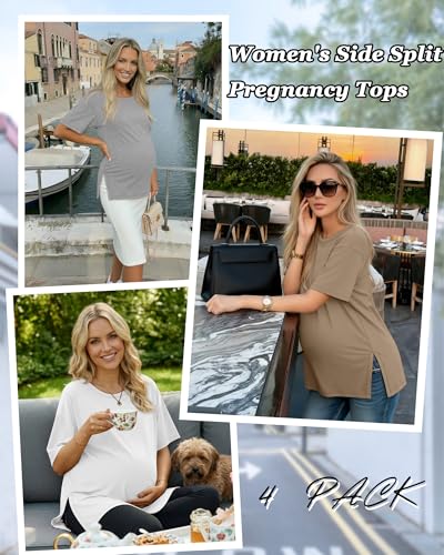 Riyiper 4 Pack Women's Short Sleeve Maternity T Shirts - color: Black, Light Heather Gray, White, Khaki, size: Medium