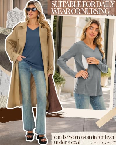 Huukeay 3 Pack Women's Waffle Knit Nursing Shirts - color: Light Blue, Light Gray, Haze Blue, size: X-Large