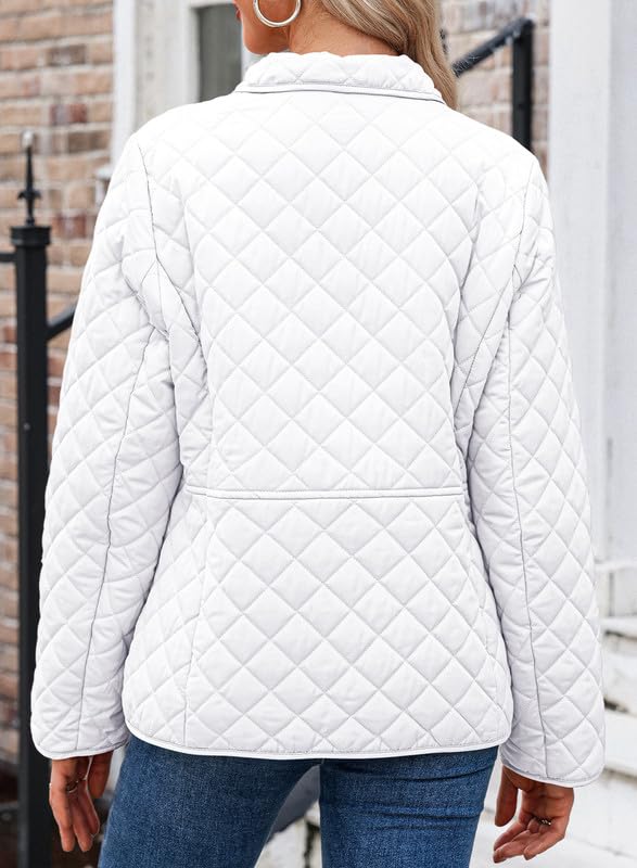 Dokotoo Women's Winter Quilted Jackets Long Sleeve Button Down Diamond Puffer Jacket Outerwear Coats with Pockets - color: White, size: X-Large
