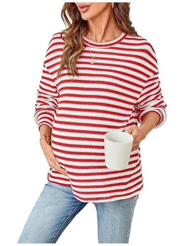 RoseSeek Women's Long Sleeve Crew Neck Maternity Sweatshirt Pullover Tops - color: Mix Red and White, size: X-Large