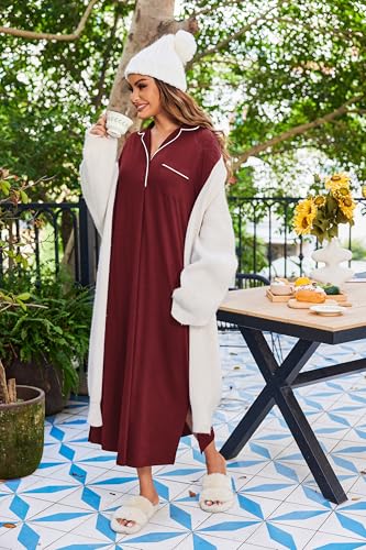 Ekouaer Long Sleeves Nightgowns for Women Button Down Night Gown - color: Wine Red, size: X-Large