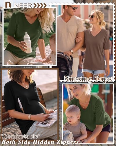 Neer 3 Pack Women's Nursing Shirts Breastfeeding Tops - color: Army Green, Coffee, Black, size: X-Large
