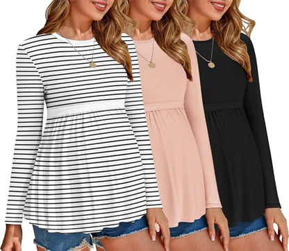 Ekouaer Maternity Shirts 3 Pack Pleated Long Sleeve Tops Pregnancy Clothes - color: Black/Pink/White, size: Large