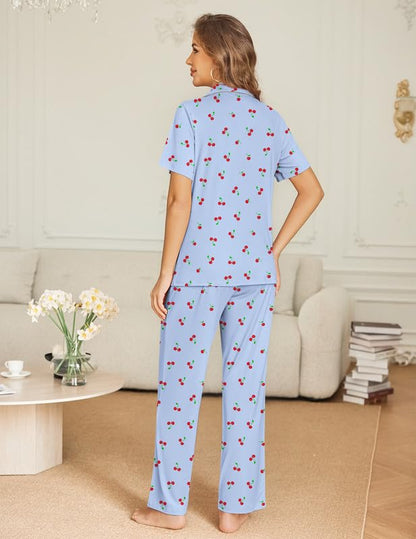 Ekouaer Womens Pajama Sets Button Down Lounge Sets 2 Piece Short Sleeve Pjs - color: Cherry, size: X-Large