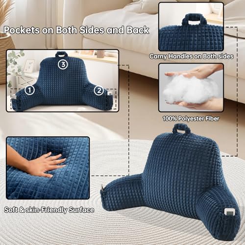 Reading Pillow with Arms for Sitting in Bed,Backrest,Blue Flannel,M - color: Navy, size: Standard(17")