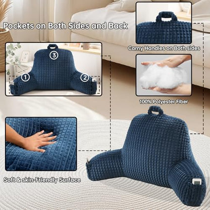 Reading Pillow with Arms for Sitting in Bed,Backrest,Blue Flannel,M - color: Navy, size: Standard(17")