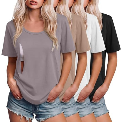 Ficerd 4 Pack Women's Maternity Nursing Shirts - color: Gray Purple, Khaki, White, Black, size: Medium