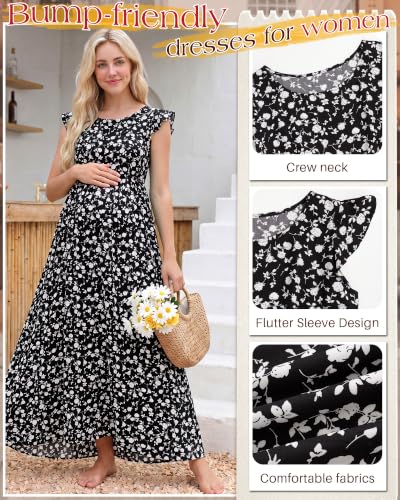Huukeay Women Maternity Dress Ruffle Sleeve Floral - color: Black, size: Small