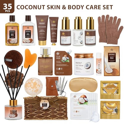 35 Pcs Coconut Vanilla Spa Gift Basket for Women & Men, Face Skin Care Set