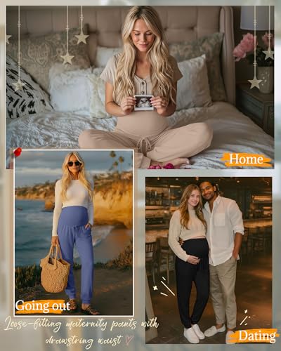 3 Pack Womens Maternity Pants Loose Pregnancy Joggers - color: Khaki, Haze Blue, Black, size: Medium