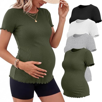 Riyiper 4 Pack Maternity Ribbed Knit Shirts for - color: Army Green, Light Gray, White, Black, size: Large