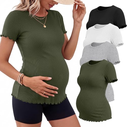 Riyiper 4 Pack Maternity Ribbed Knit Shirts for - color: Army Green, Light Gray, White, Black, size: X-Large